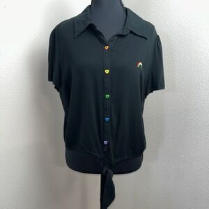 Hot Topic Tie‎ Front Crop Top Women's Large Rainbow Heart Buttons Collared